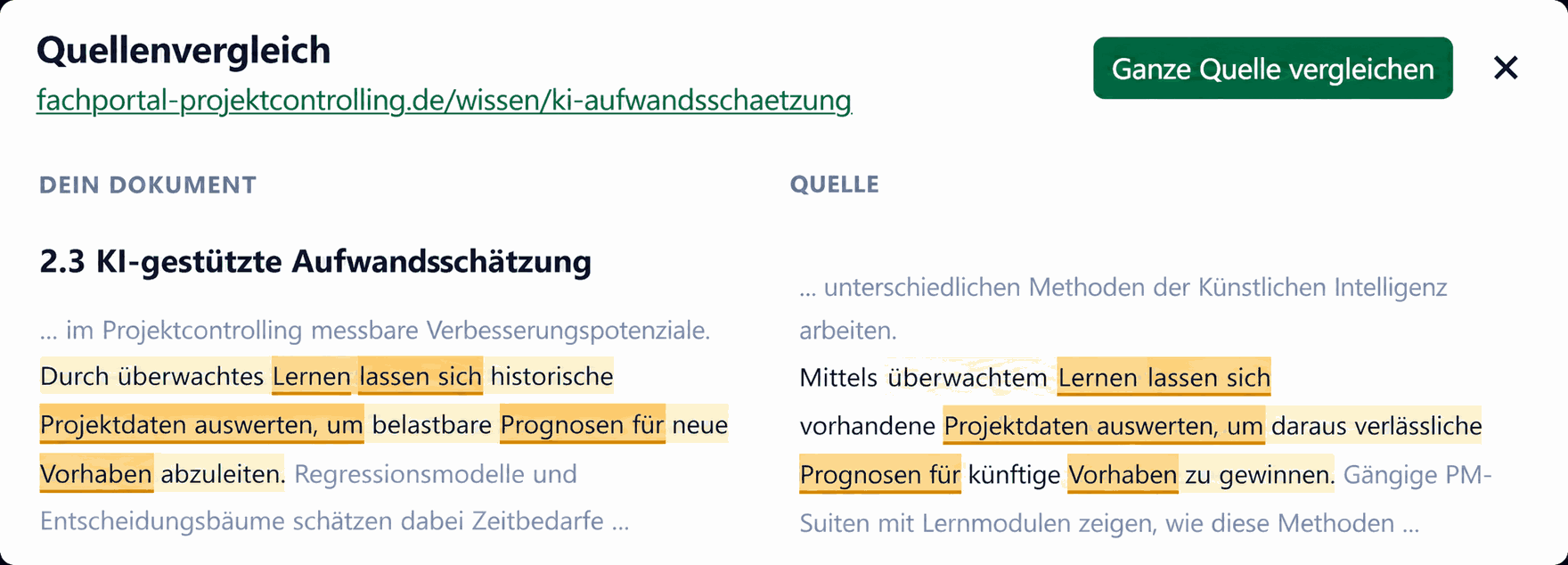 Quellenvergleich mit Dokument links und gefundener Quelle rechts
